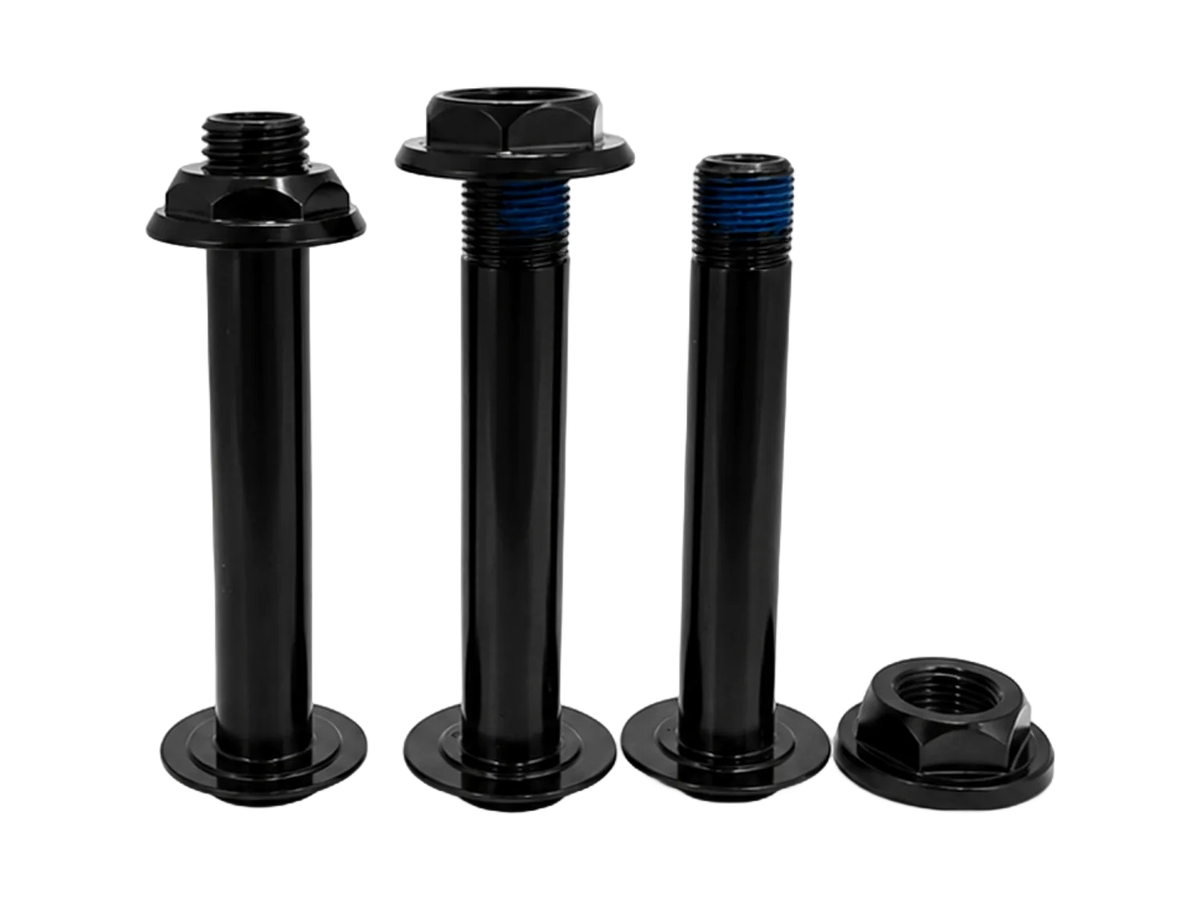 Black finished pivot axle and flanged nut set with thread-locking compound